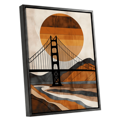 Ember Crossing, black, beige, orange minimalist wall art shown as a black framed canvas wall art