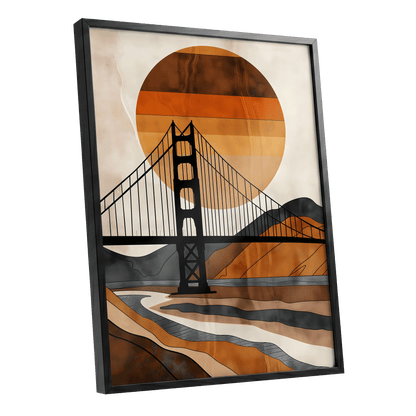 Ember Crossing, black, beige, orange minimalist wall art shown as a black framed poster wall art print