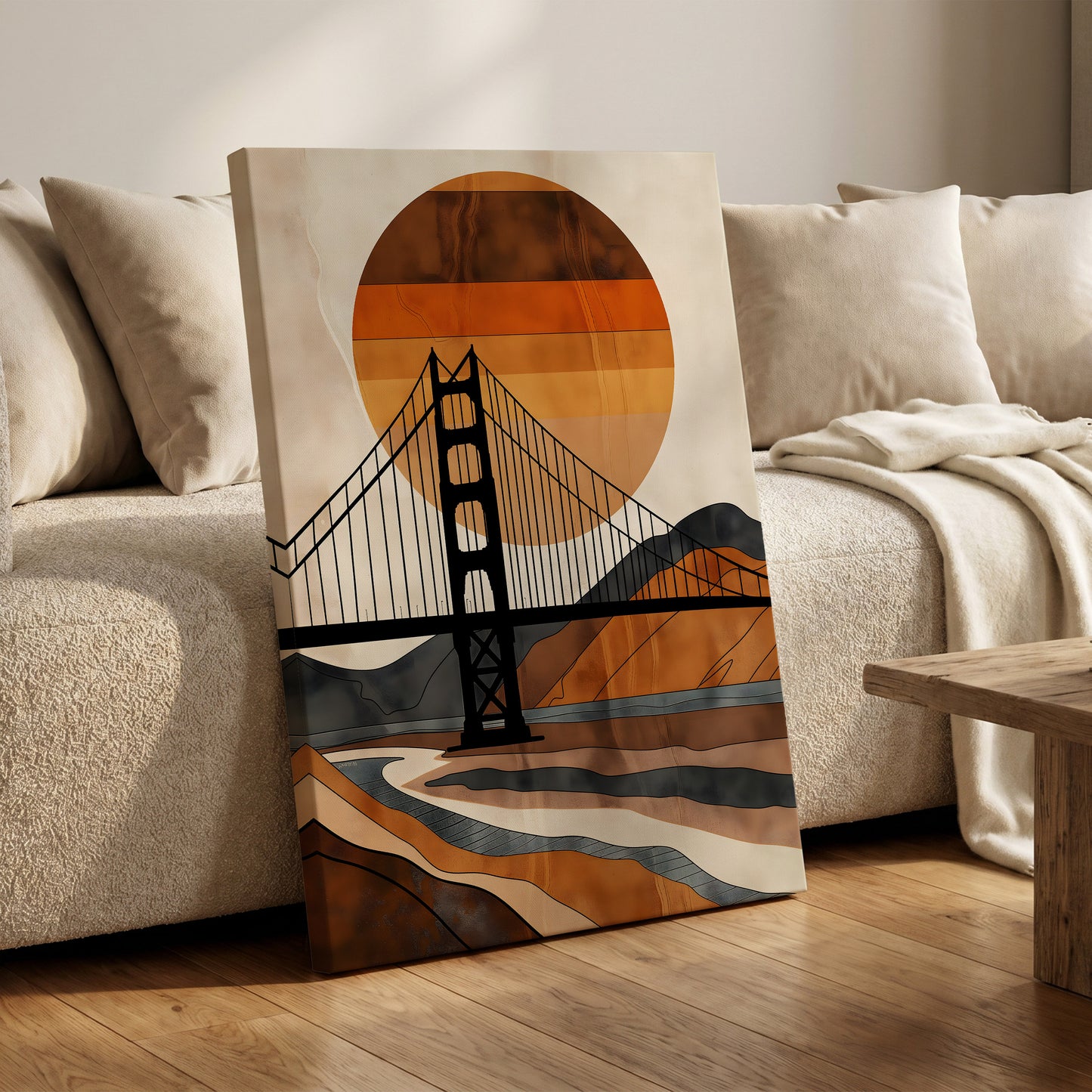 Ember Crossing, black, beige, orange minimalist wall art on canvas displayed in a styled interior, gallery view 1