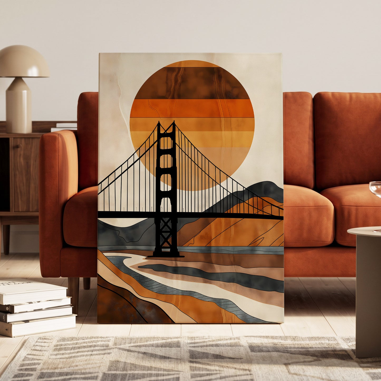 Ember Crossing, black, beige, orange minimalist wall art on canvas displayed in a styled interior, gallery view 2