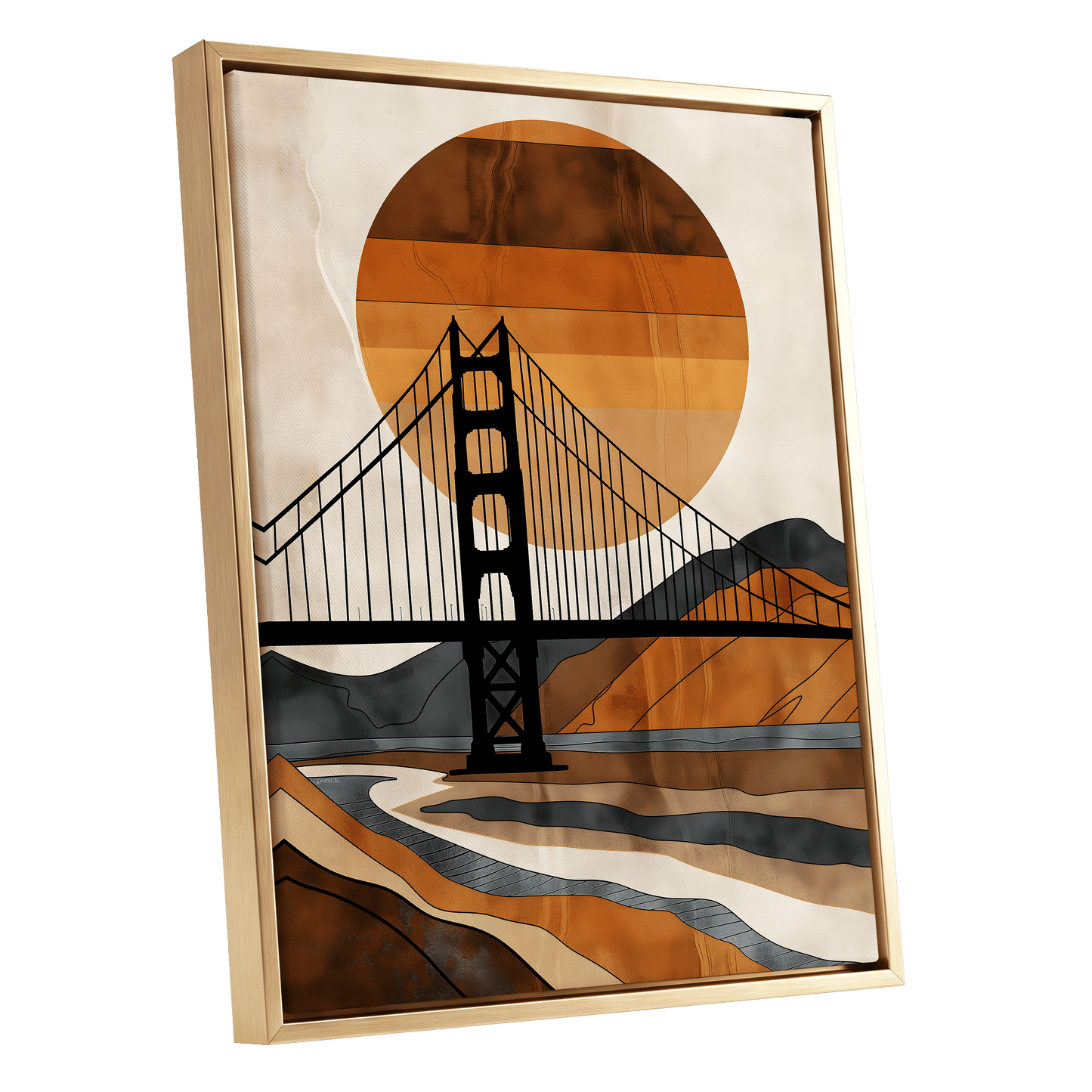 Ember Crossing, black, beige, orange minimalist wall art shown as a gold framed canvas wall art