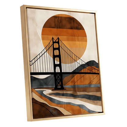 Ember Crossing, black, beige, orange minimalist wall art shown as a gold framed canvas wall art