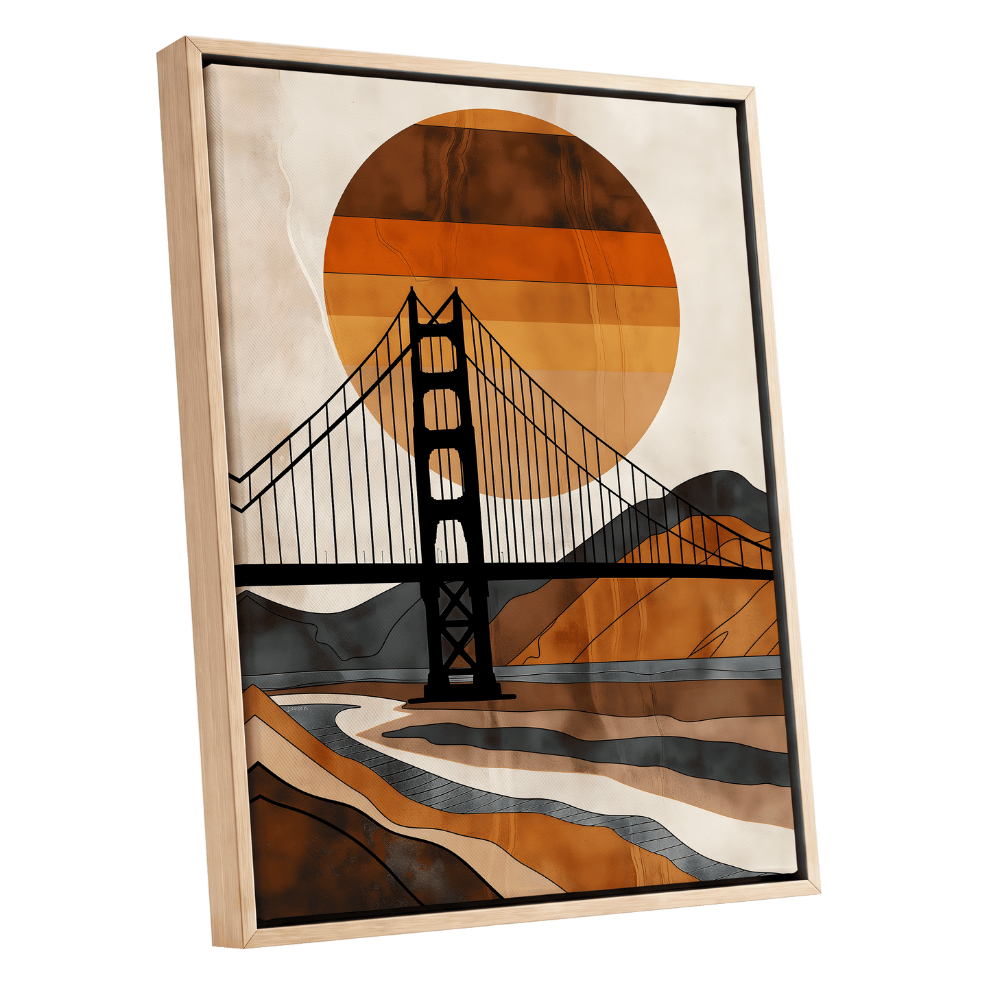 Ember Crossing, black, beige, orange minimalist wall art shown as a oak framed canvas wall art