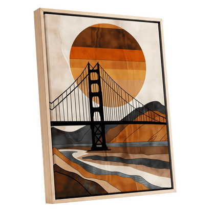 Ember Crossing, black, beige, orange minimalist wall art shown as a oak framed canvas wall art