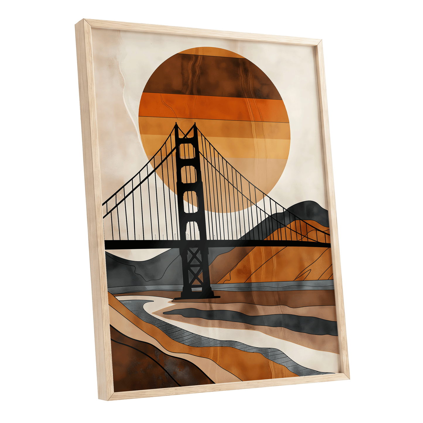 Ember Crossing, black, beige, orange minimalist wall art shown as a oak framed poster wall art print