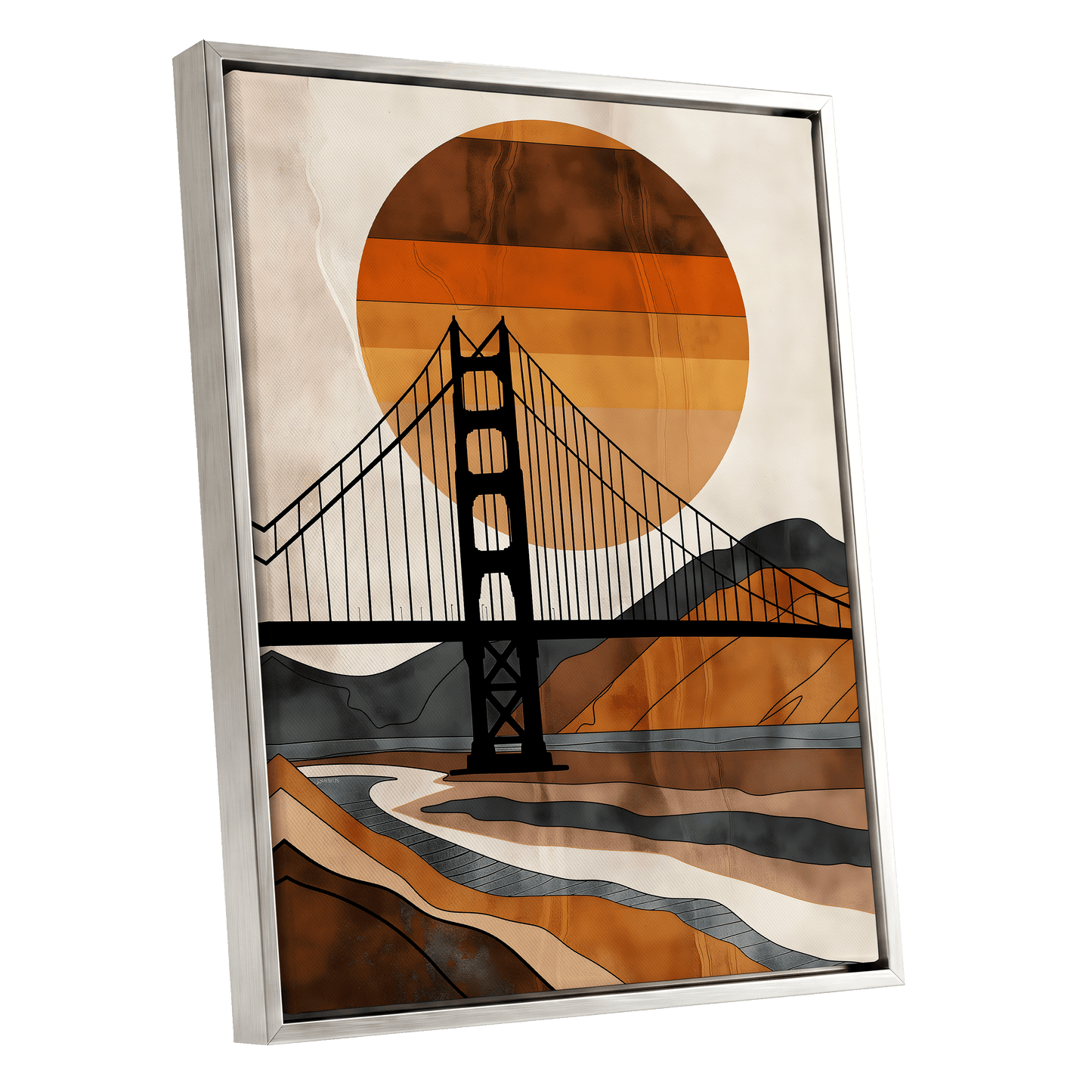 Ember Crossing, black, beige, orange minimalist wall art shown as a silver framed canvas wall art