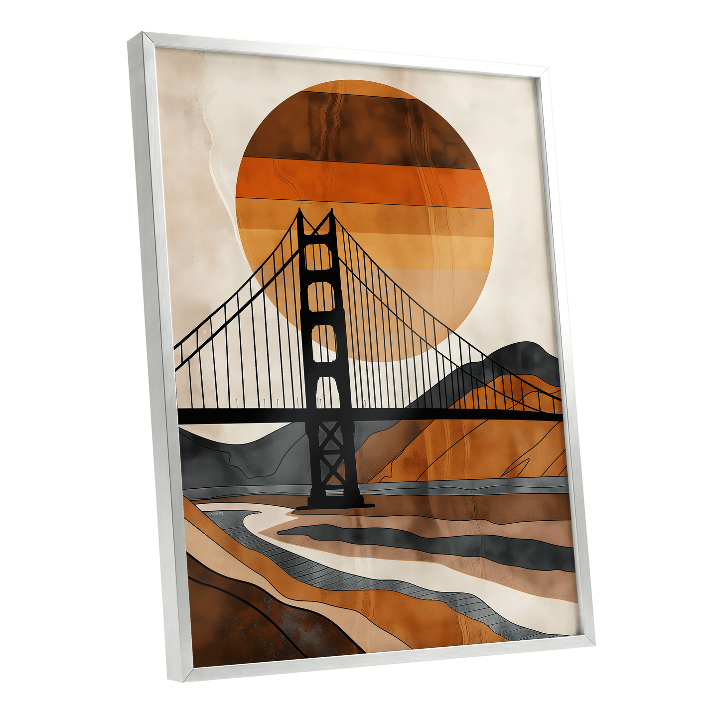 Ember Crossing, black, beige, orange minimalist wall art shown as a silver framed poster wall art print