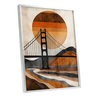 Ember Crossing, black, beige, orange minimalist wall art shown as a silver framed poster wall art print