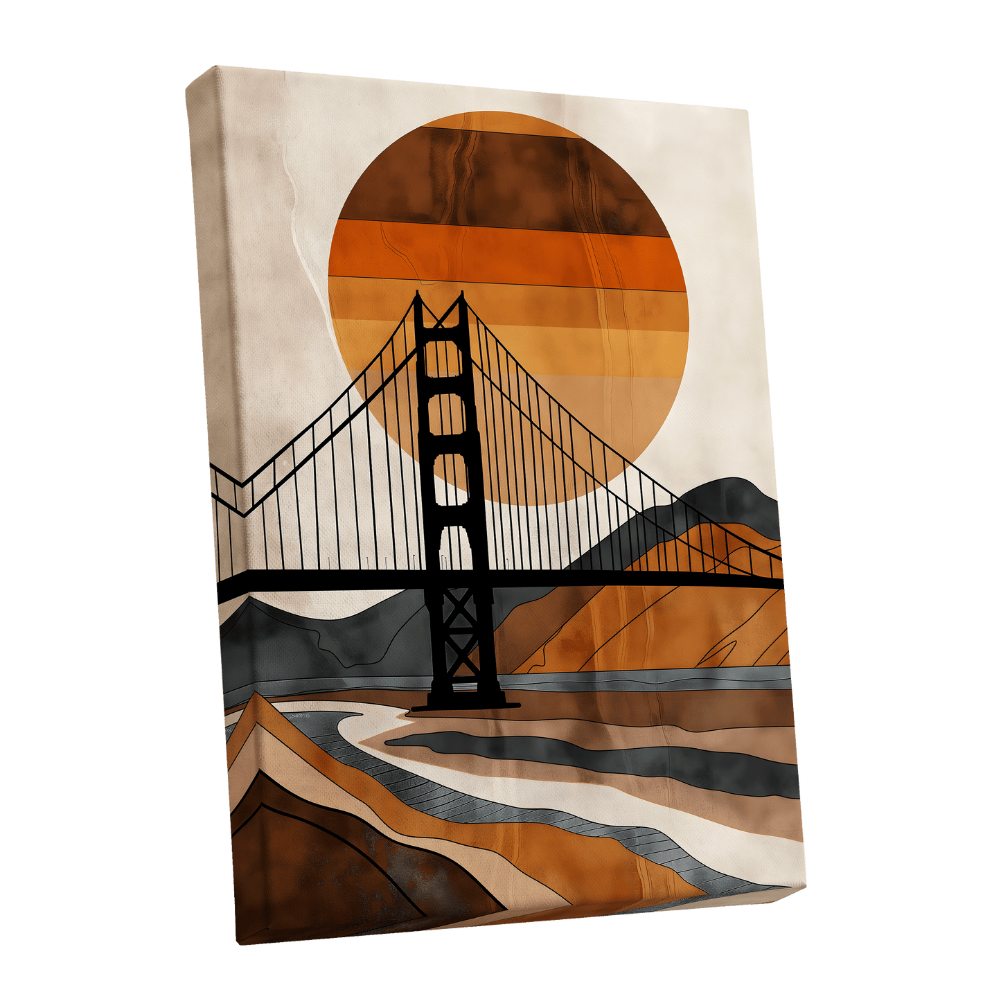 Ember Crossing, black, beige, orange minimalist wall art shown as a stretched canvas wall art