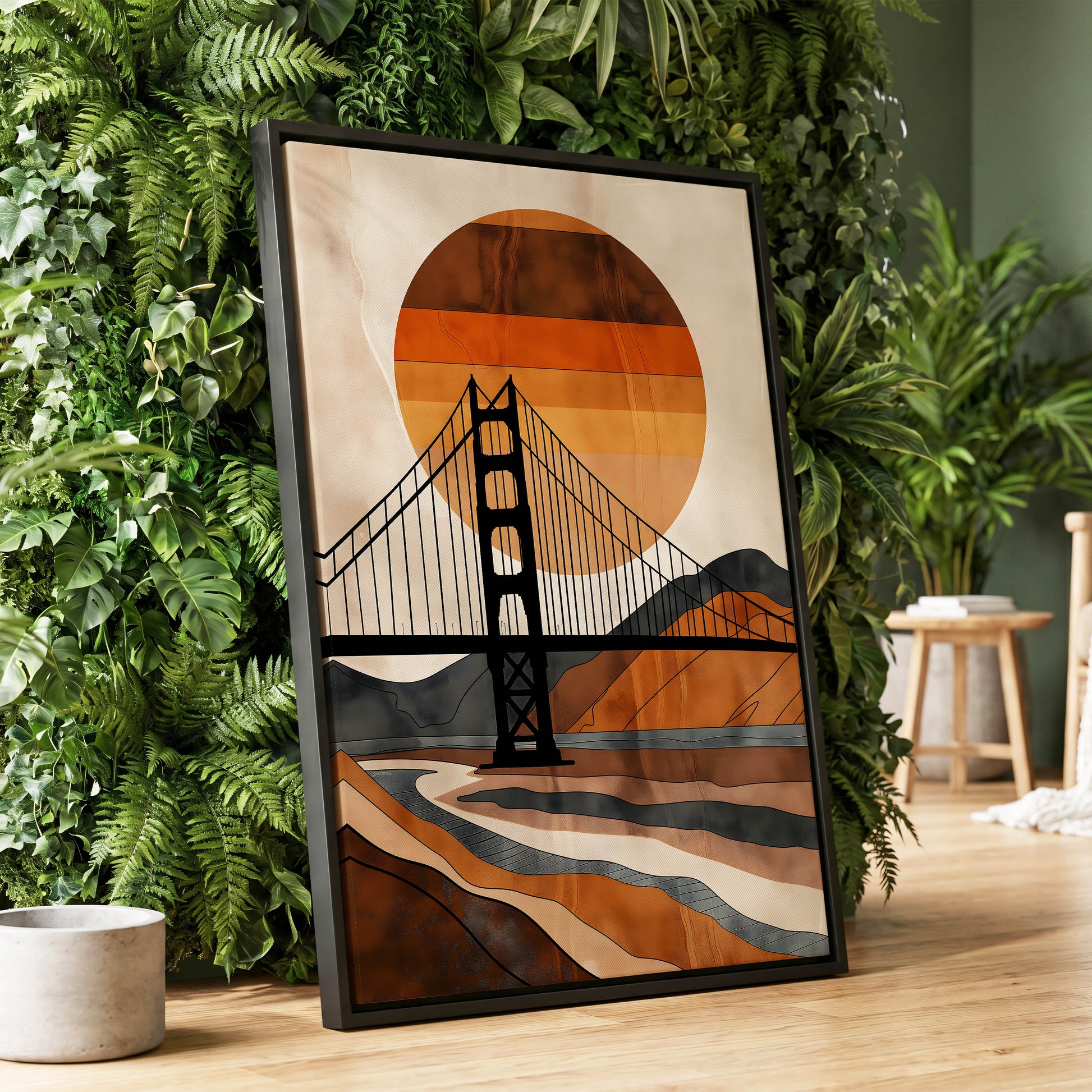 Ember Crossing, black, beige, orange minimalist wall art displayed in a styled interior, gallery view 1