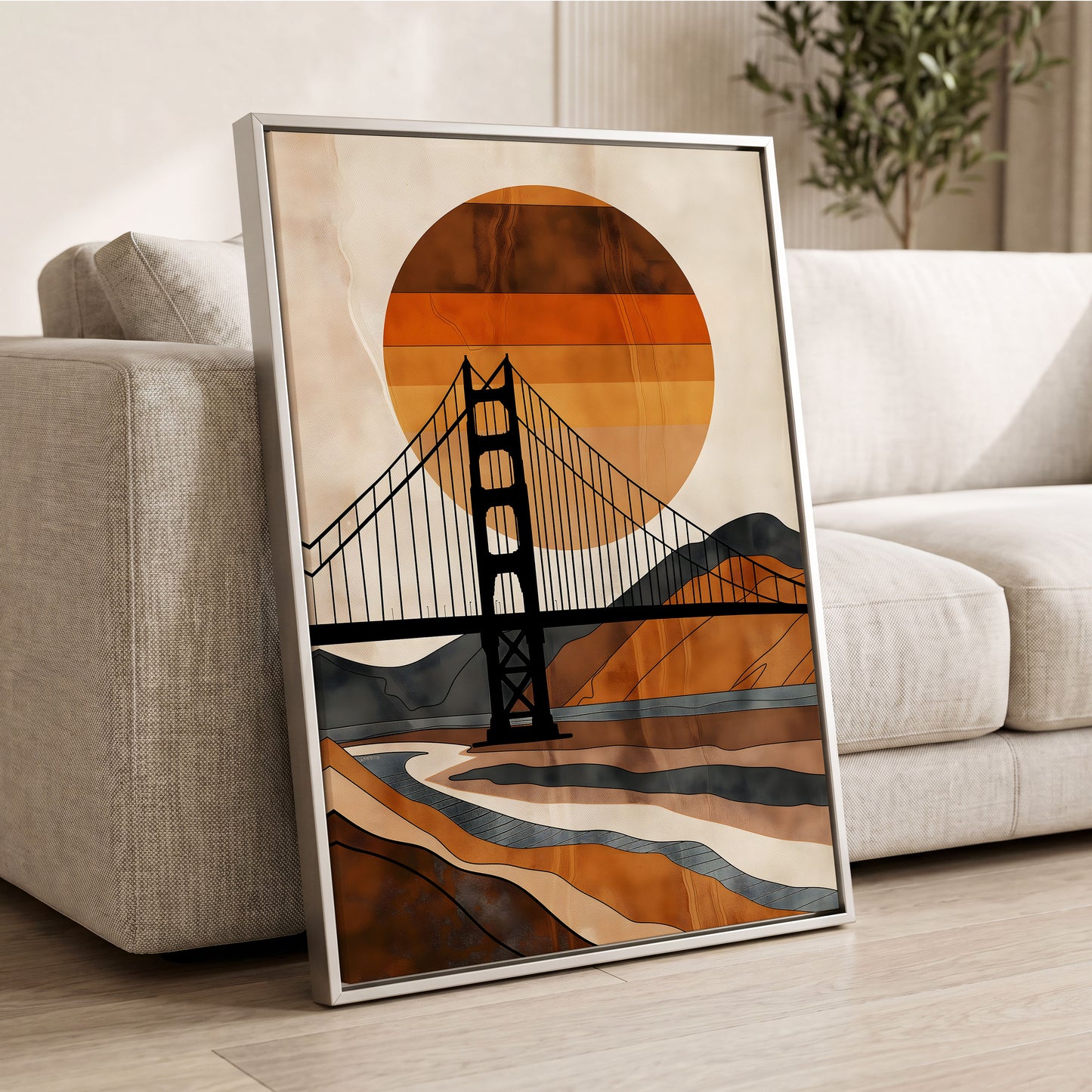 Ember Crossing, black, beige, orange minimalist wall art displayed in a styled interior, gallery view 2