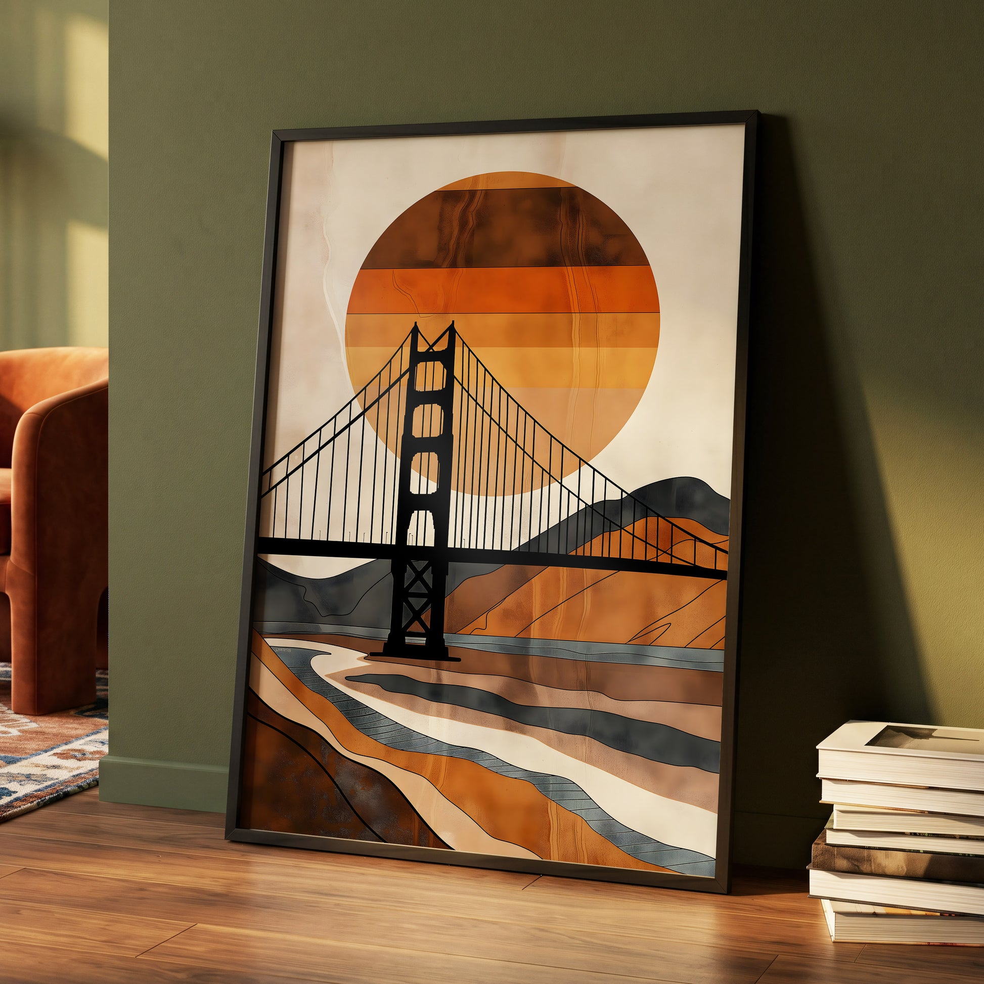 Ember Crossing, black, beige, orange minimalist wall art displayed in a styled interior, gallery view 4
