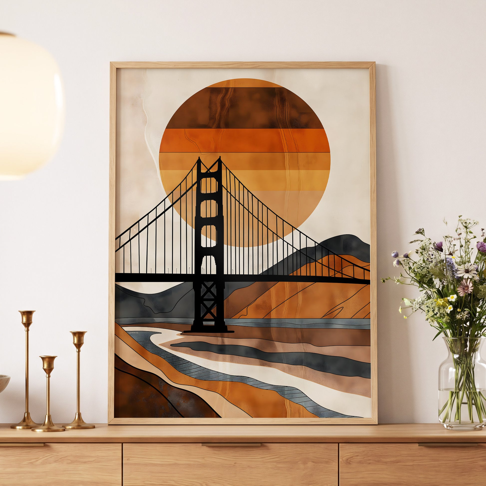 Ember Crossing, black, beige, orange minimalist wall art displayed in a styled interior, gallery view 5