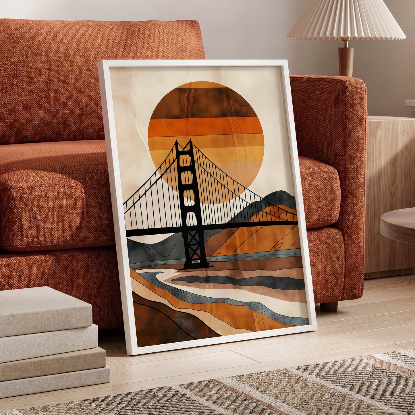 Ember Crossing, black, beige, orange minimalist wall art displayed in a styled interior, gallery view 6