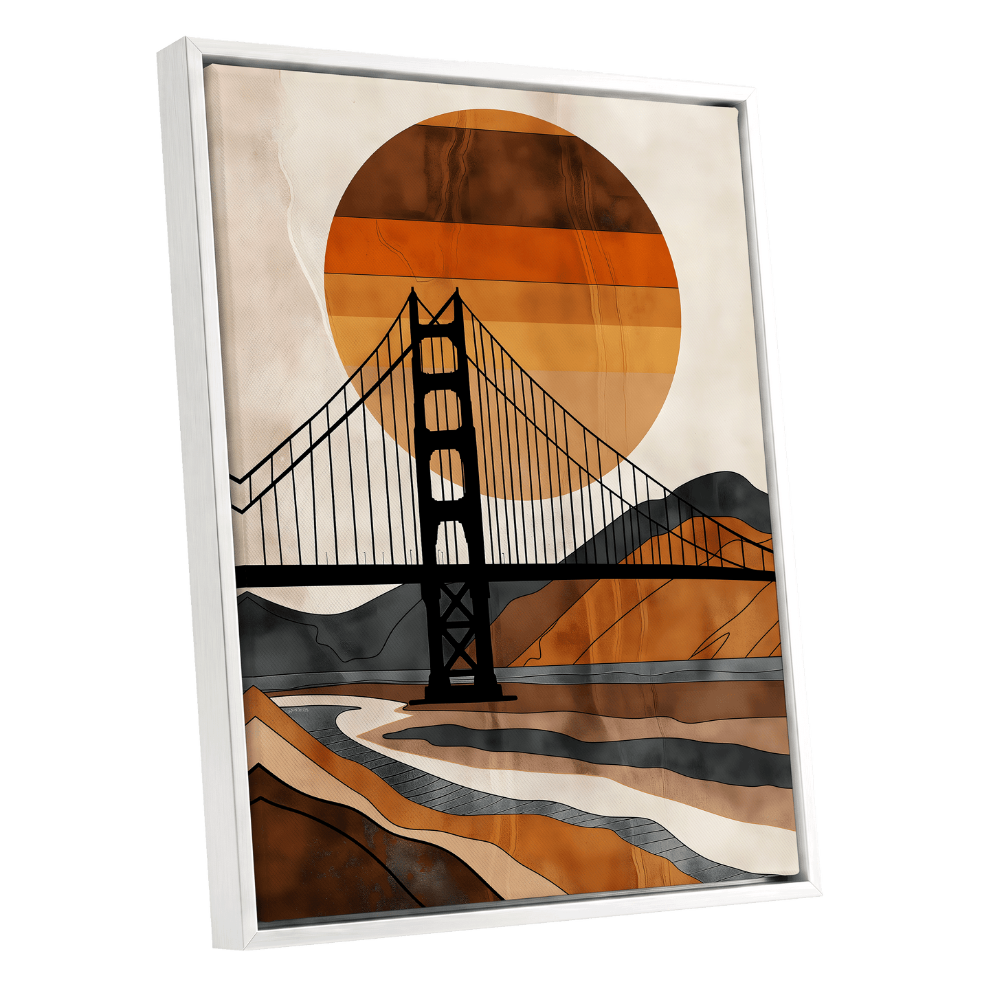 Ember Crossing, black, beige, orange minimalist wall art shown as a white framed canvas wall art