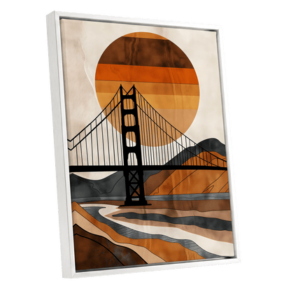 Ember Crossing, black, beige, orange minimalist wall art shown as a white framed canvas wall art