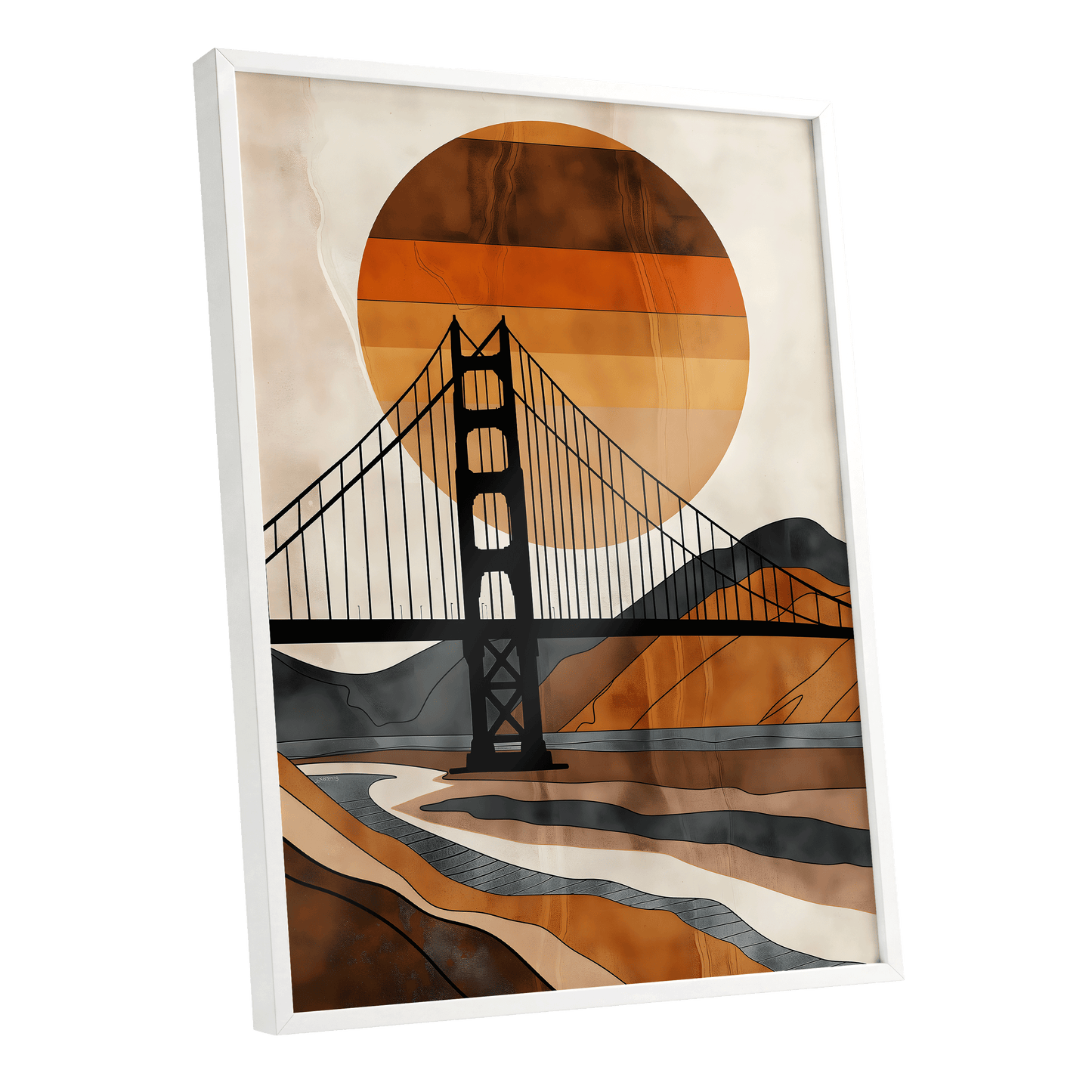 Ember Crossing, black, beige, orange minimalist wall art shown as a white framed poster wall art print