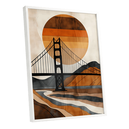 Ember Crossing, black, beige, orange minimalist wall art shown as a white framed poster wall art print