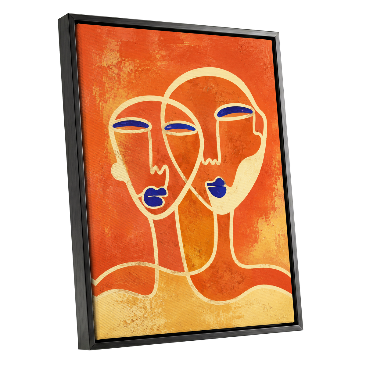 Ember Duet, orange, beige, blue abstract wall art shown as a black framed canvas wall art