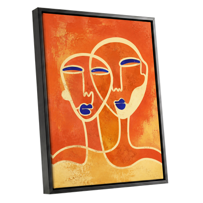 Ember Duet, orange, beige, blue abstract wall art shown as a black framed canvas wall art