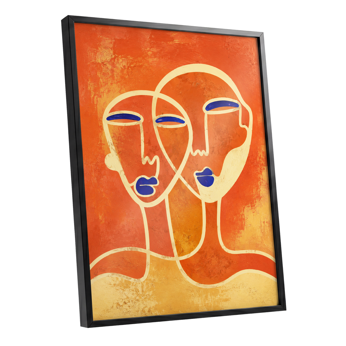 Ember Duet, orange, beige, blue abstract wall art shown as a black framed poster wall art print