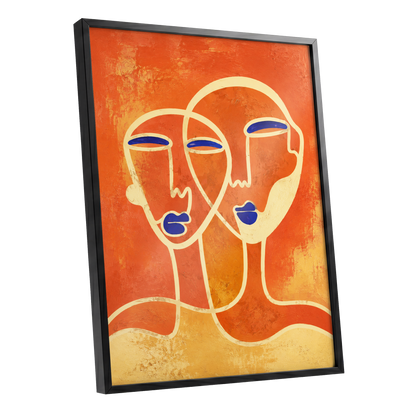 Ember Duet, orange, beige, blue abstract wall art shown as a black framed poster wall art print