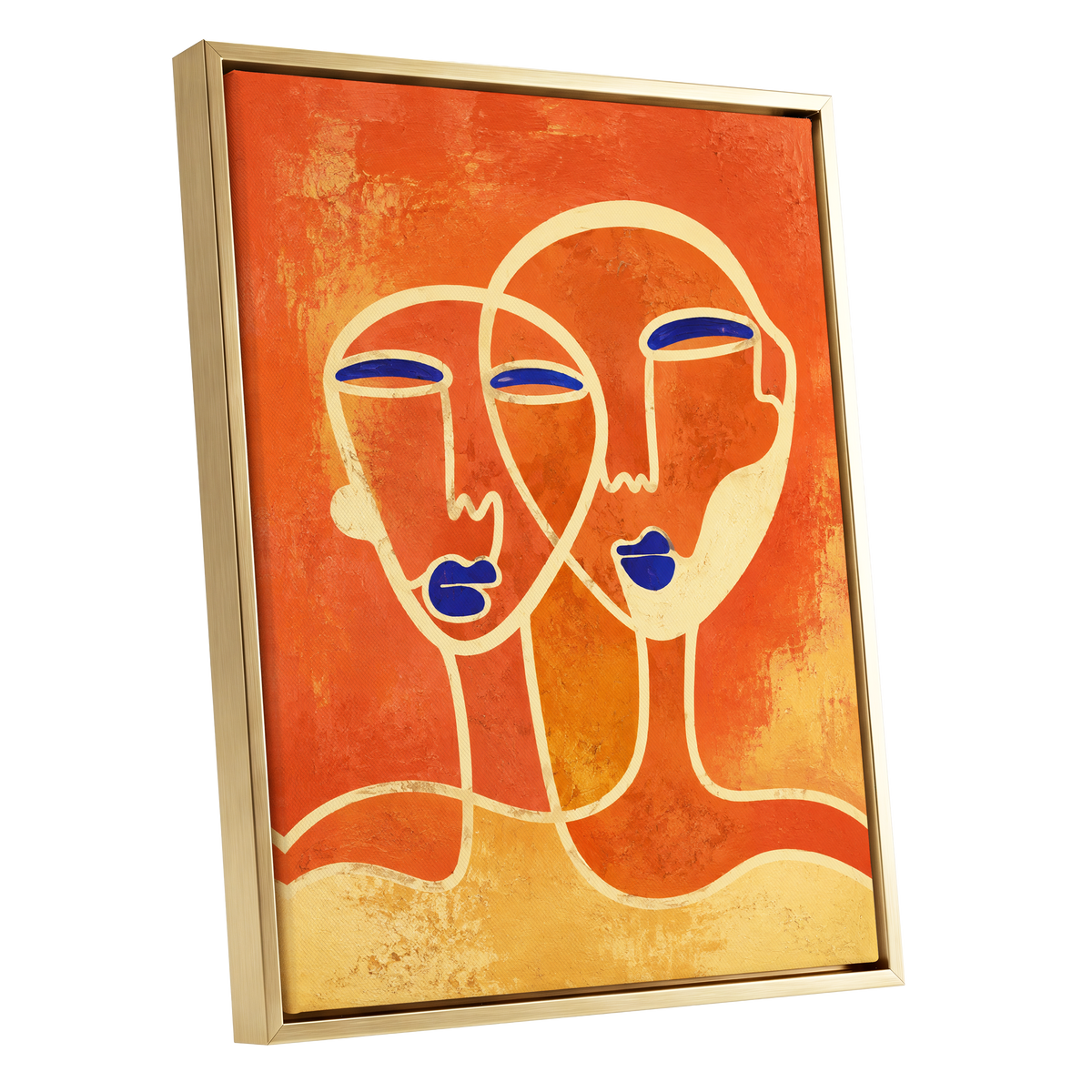 Ember Duet, orange, beige, blue abstract wall art shown as a gold framed canvas wall art
