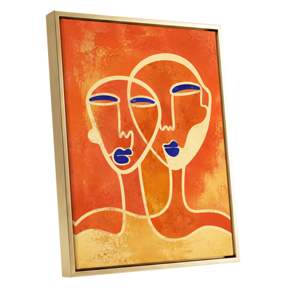 Ember Duet, orange, beige, blue abstract wall art shown as a gold framed canvas wall art