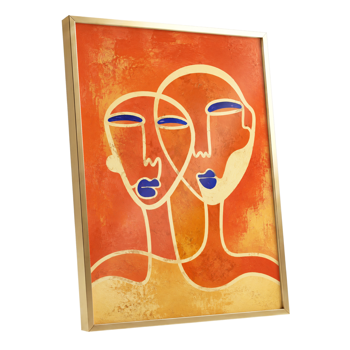 Ember Duet, orange, beige, blue abstract wall art shown as a gold framed poster wall art print