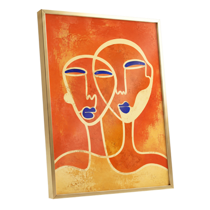 Ember Duet, orange, beige, blue abstract wall art shown as a gold framed poster wall art print