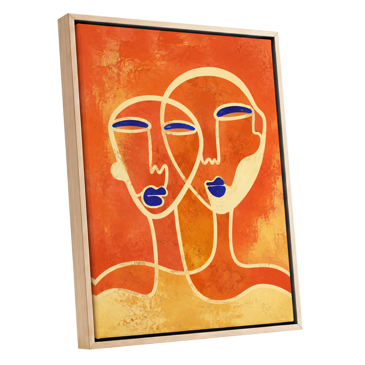 Ember Duet, orange, beige, blue abstract wall art shown as a oak framed canvas wall art