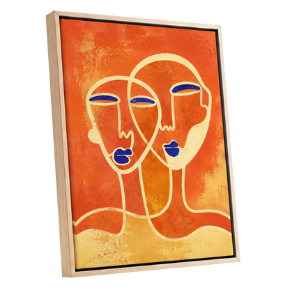 Ember Duet, orange, beige, blue abstract wall art shown as a oak framed canvas wall art