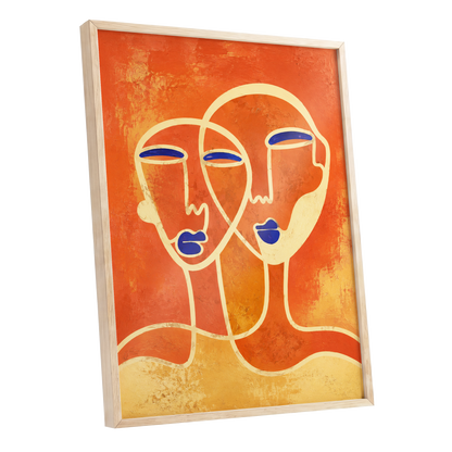 Ember Duet, orange, beige, blue abstract wall art shown as a oak framed poster wall art print