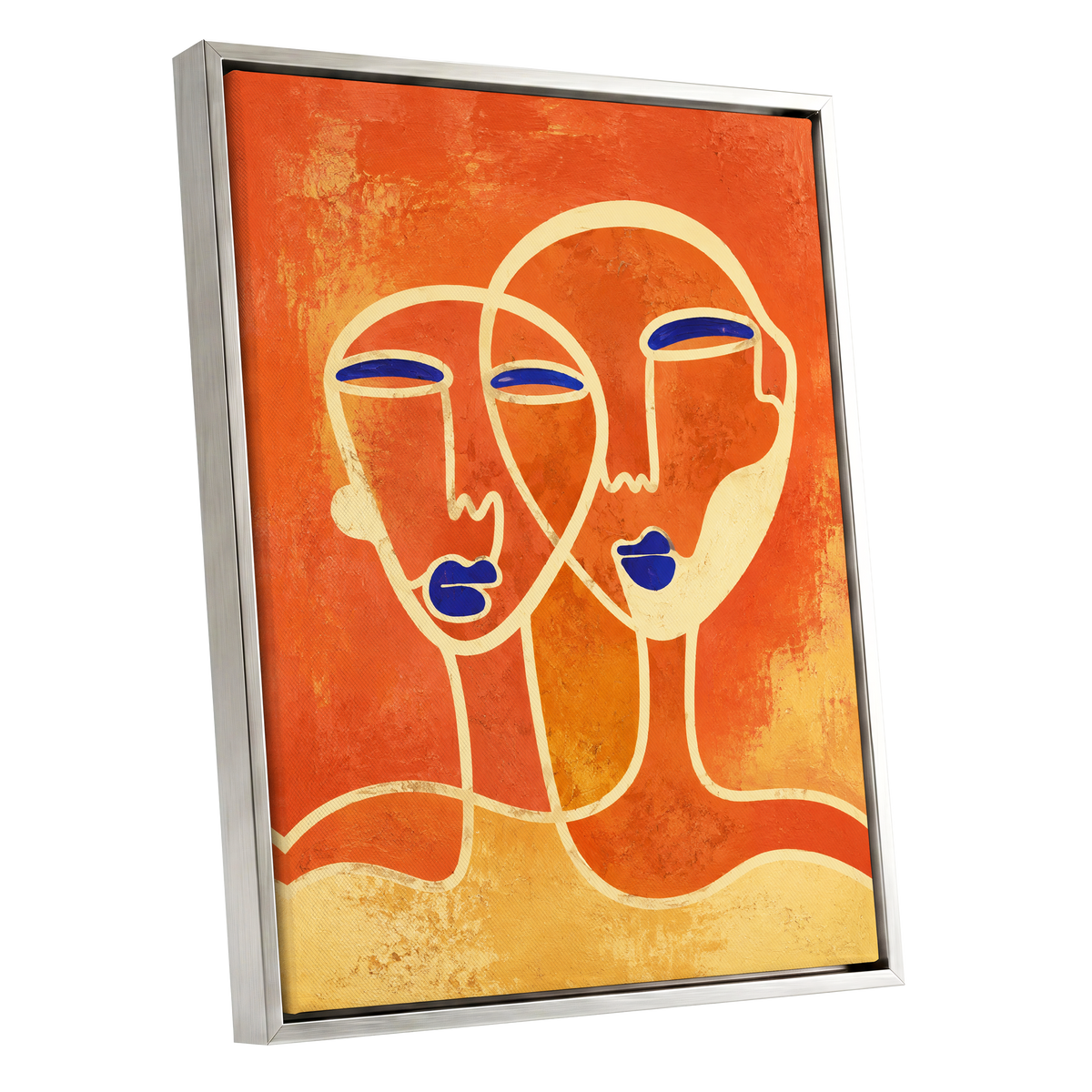 Ember Duet, orange, beige, blue abstract wall art shown as a silver framed canvas wall art