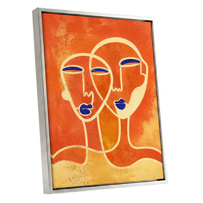 Ember Duet, orange, beige, blue abstract wall art shown as a silver framed canvas wall art