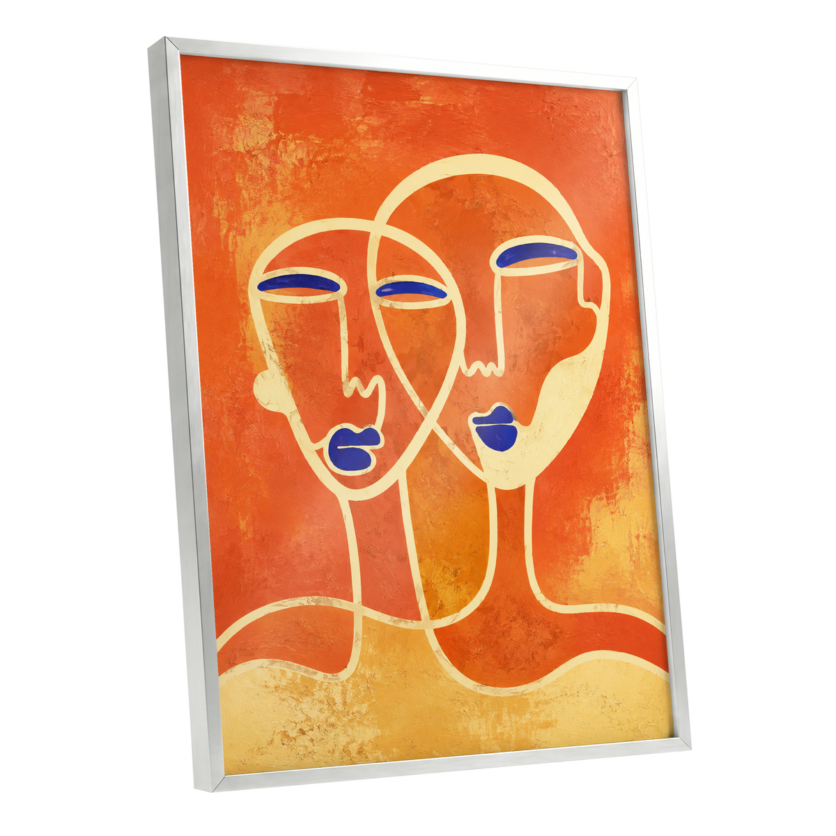 Ember Duet, orange, beige, blue abstract wall art shown as a silver framed poster wall art print