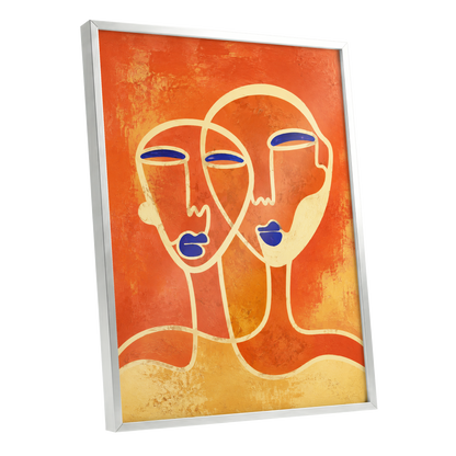 Ember Duet, orange, beige, blue abstract wall art shown as a silver framed poster wall art print