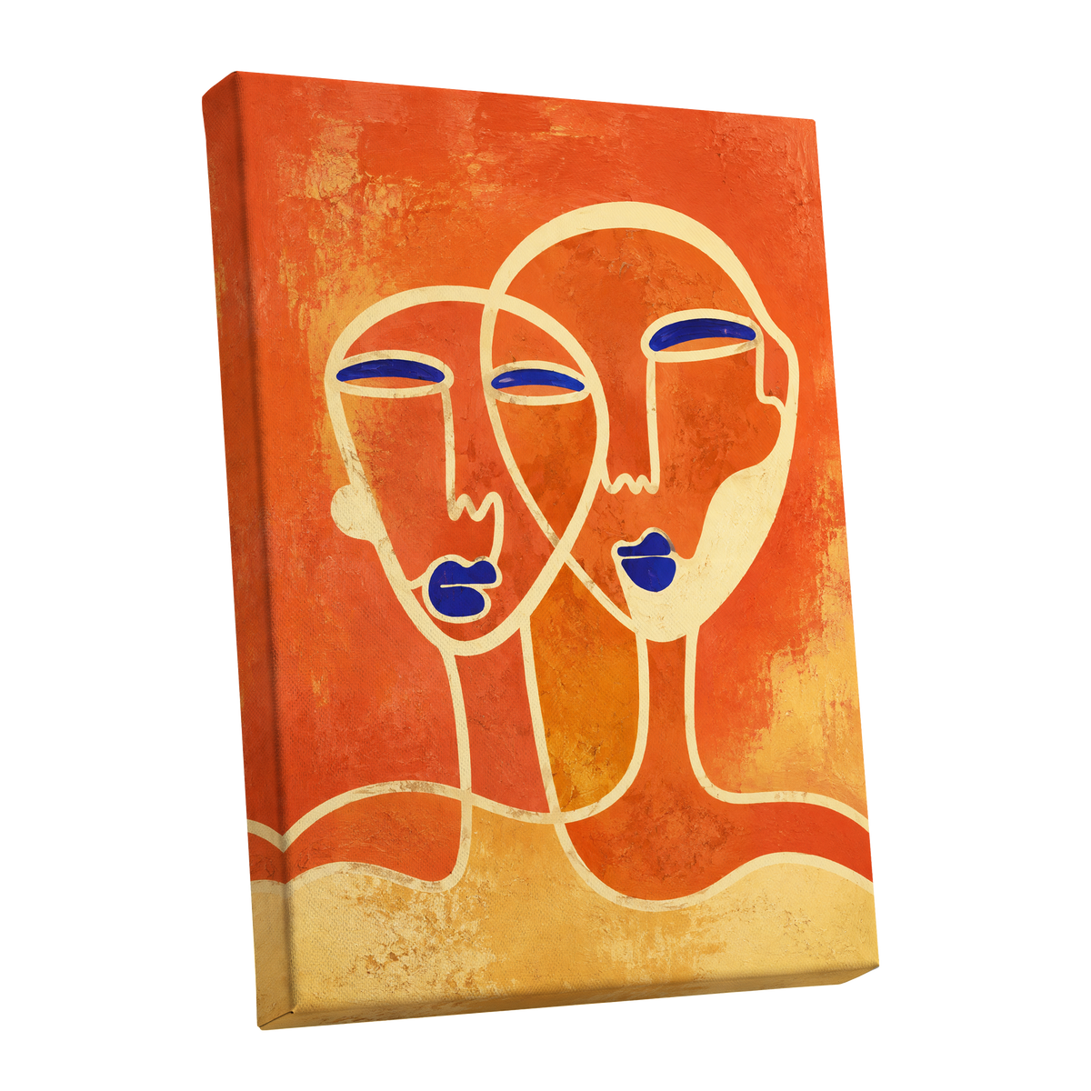 Ember Duet, orange, beige, blue abstract wall art shown as a stretched canvas wall art