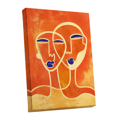 Ember Duet, orange, beige, blue abstract wall art shown as a stretched canvas wall art