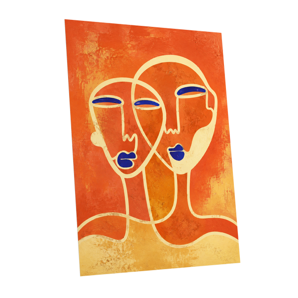 Ember Duet, orange, beige, blue abstract wall art shown as a unframed poster wall art print