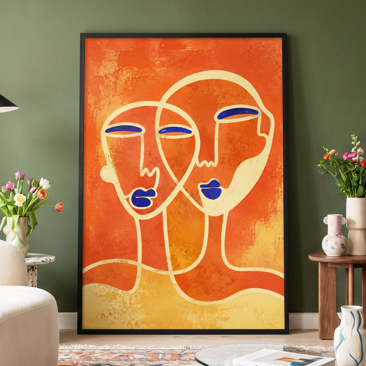 Ember Duet, orange, beige, blue abstract wall art displayed in a styled interior, gallery view 2