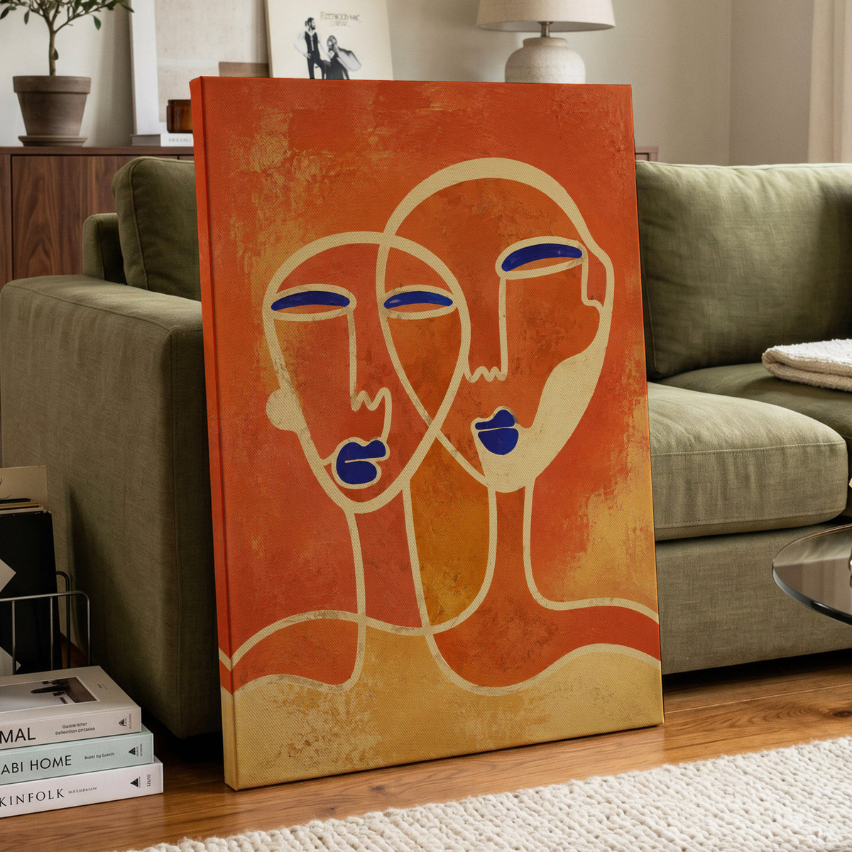 Ember Duet, orange, beige, blue abstract wall art displayed in a styled interior, gallery view 3