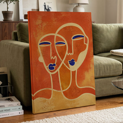 Ember Duet, orange, beige, blue abstract wall art displayed in a styled interior, gallery view 3