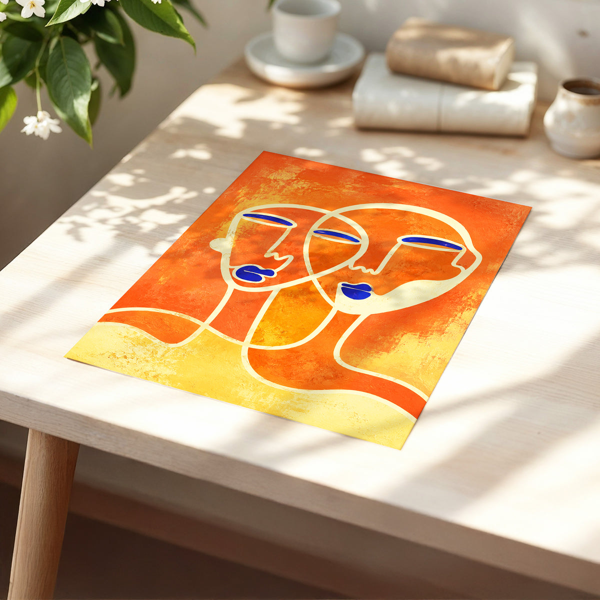 Ember Duet, orange, beige, blue abstract wall art displayed in a styled interior, gallery view 5