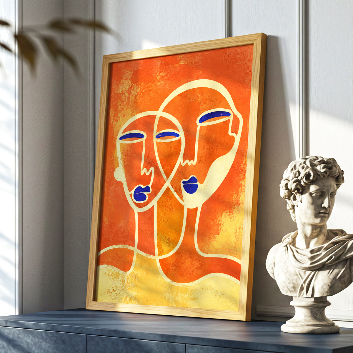 Ember Duet, orange, beige, blue abstract wall art displayed in a styled interior, gallery view 6