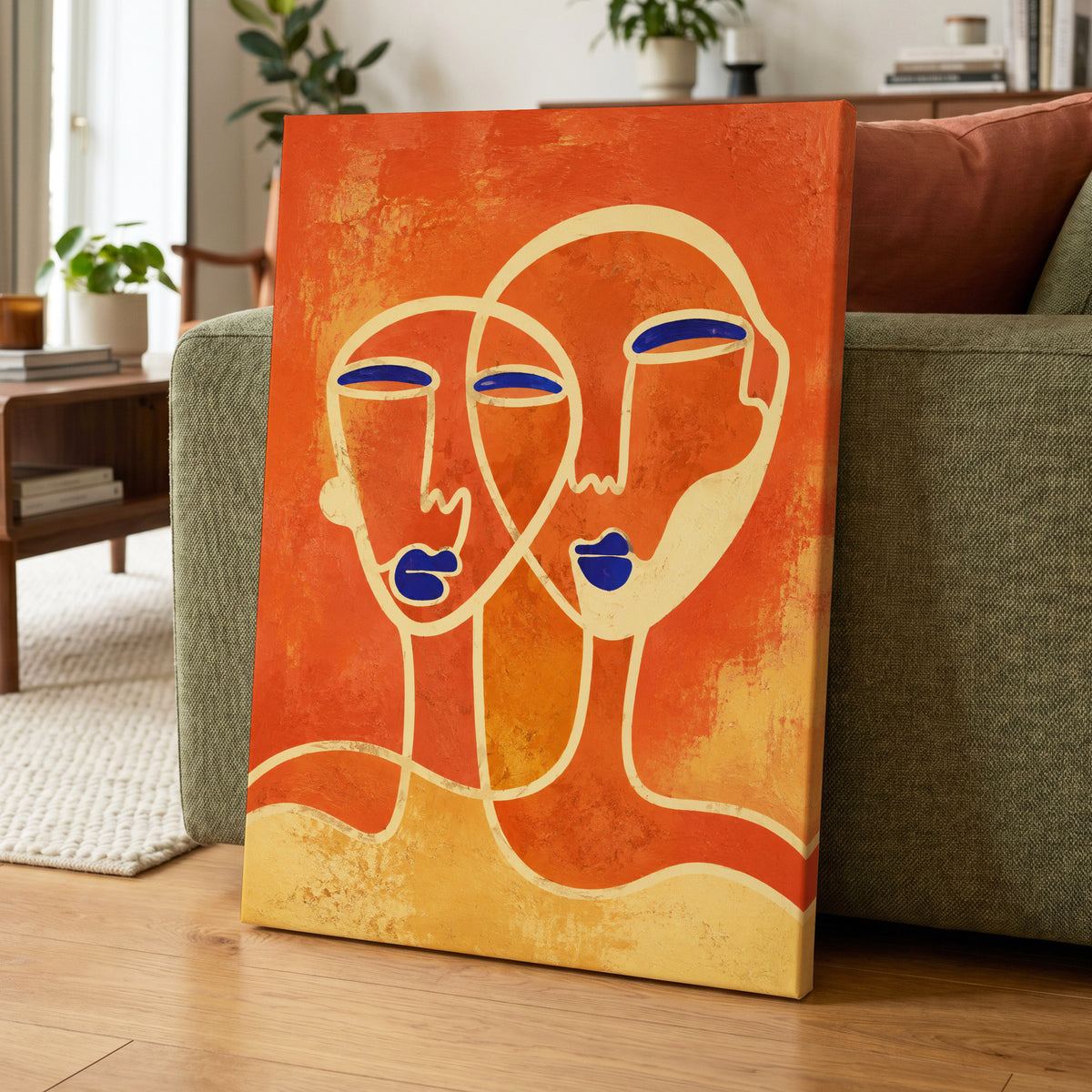 Ember Duet, orange, beige, blue abstract wall art displayed in a styled interior, gallery view 7