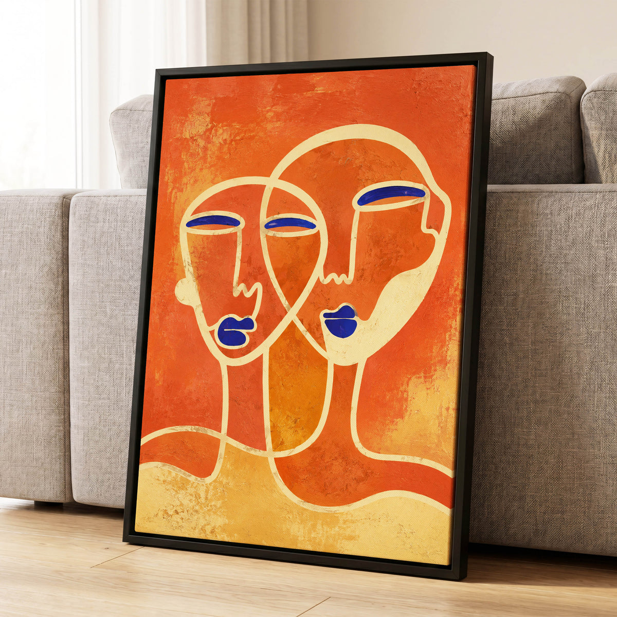 Ember Duet, orange, beige, blue abstract wall art displayed in a styled interior, gallery view 8