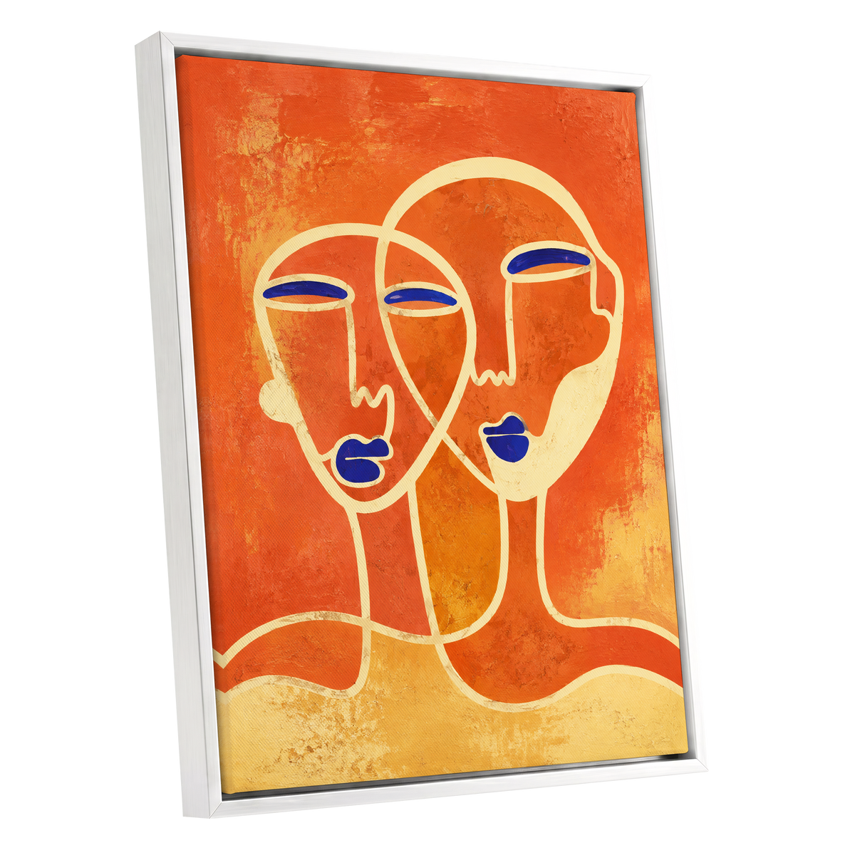Ember Duet, orange, beige, blue abstract wall art shown as a white framed canvas wall art