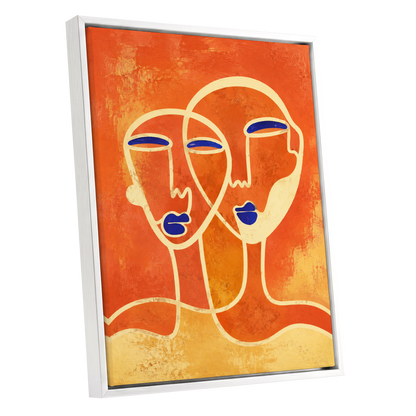 Ember Duet, orange, beige, blue abstract wall art shown as a white framed canvas wall art