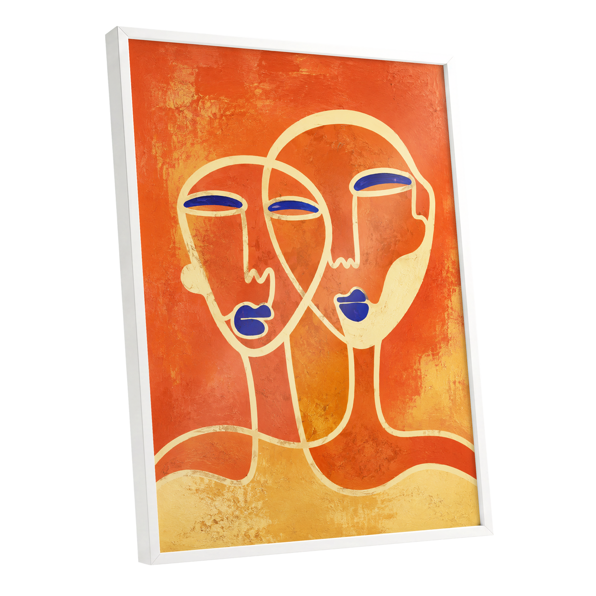 Ember Duet, orange, beige, blue abstract wall art shown as a white framed poster wall art print